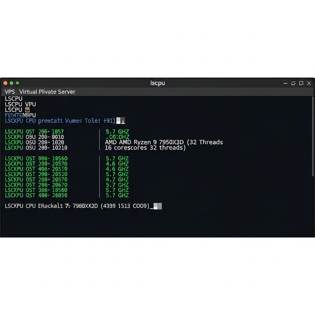 Captura de pantalla fotorrealista de un terminal Linux mostrando el comando 'lscpu' ejecutándose en un VPS con procesador AMD Ryzen 9 7950X3D, destacando 16 cores, 32 threads y velocidad de reloj de 5.7 GHz, sobre fondo oscuro de consola con texto verde brillante estilo hacker