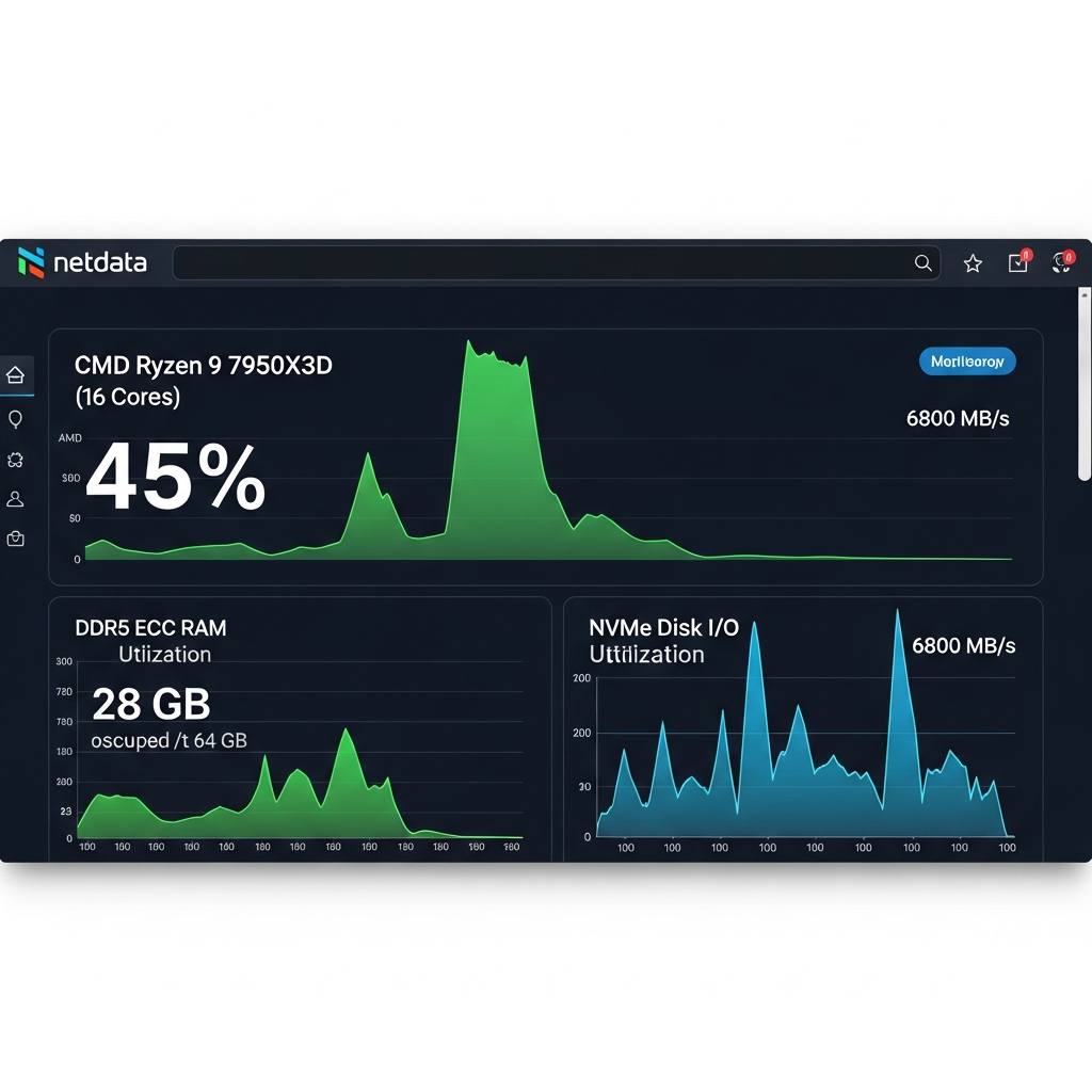Captura fotorrealista del dashboard de Netdata ejecutándose en navegador, mostrando gráficos en tiempo real de CPU AMD Ryzen 9 7950X3D con 16 cores al 45% de uso, RAM DDR5 ECC con 28 GB ocupados de 64 GB, y gráficos de I/O de disco NVMe con picos de 6800 MB/s, sobre interfaz web moderna con colores verde neón y azul