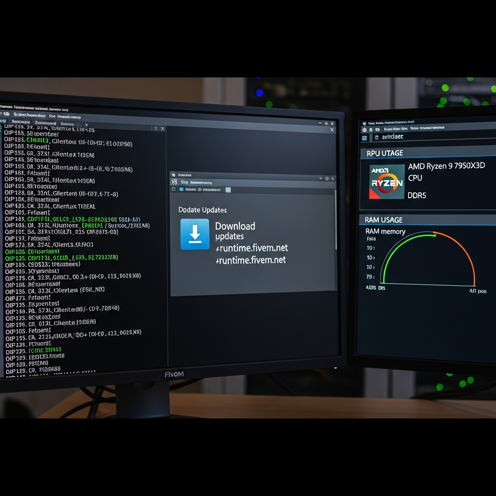 Captura fotorrealista de terminal de servidor Linux mostrando el proceso de actualización de artifact FiveM en tiempo real, con líneas de log desplazándose, indicadores de descarga de runtime.fivem.net y métricas de sistema (CPU AMD Ryzen 9 7950X3D, RAM DDR5) en un monitor secundario