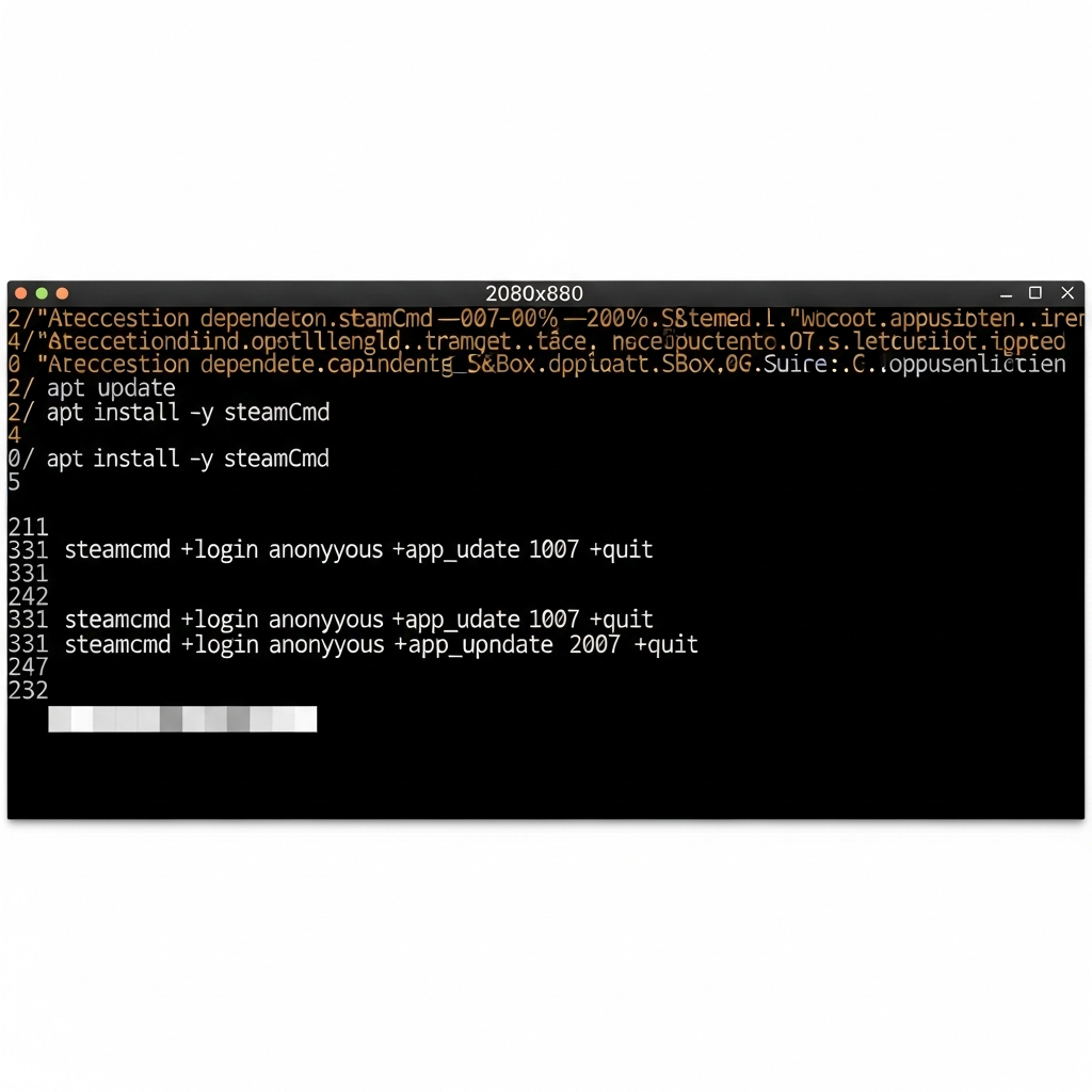 Capture d'écran détaillée d'une interface de terminal Linux affichant l'installation de SteamCMD et des dépendances S&Box, avec des lignes de commande visibles et un fond sombre caractéristique d'un environnement serveur professionnel