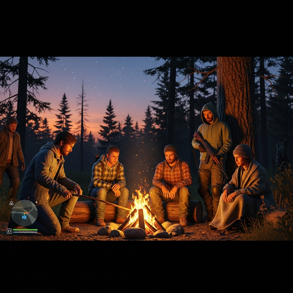 Capture d'écran d'un groupe de joueurs DayZ en tenue civile variée autour d'un feu de camp dans une forêt au crépuscule, ambiance chaleureuse et immersive avec interface HUD minimale