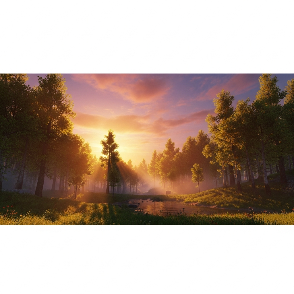 Capture d'écran d'un paysage de Valheim avec des mods graphiques améliorés, montrant des textures haute résolution, un éclairage volumétrique et des effets météorologiques réalistes dans une forêt des Prairies au coucher du soleil