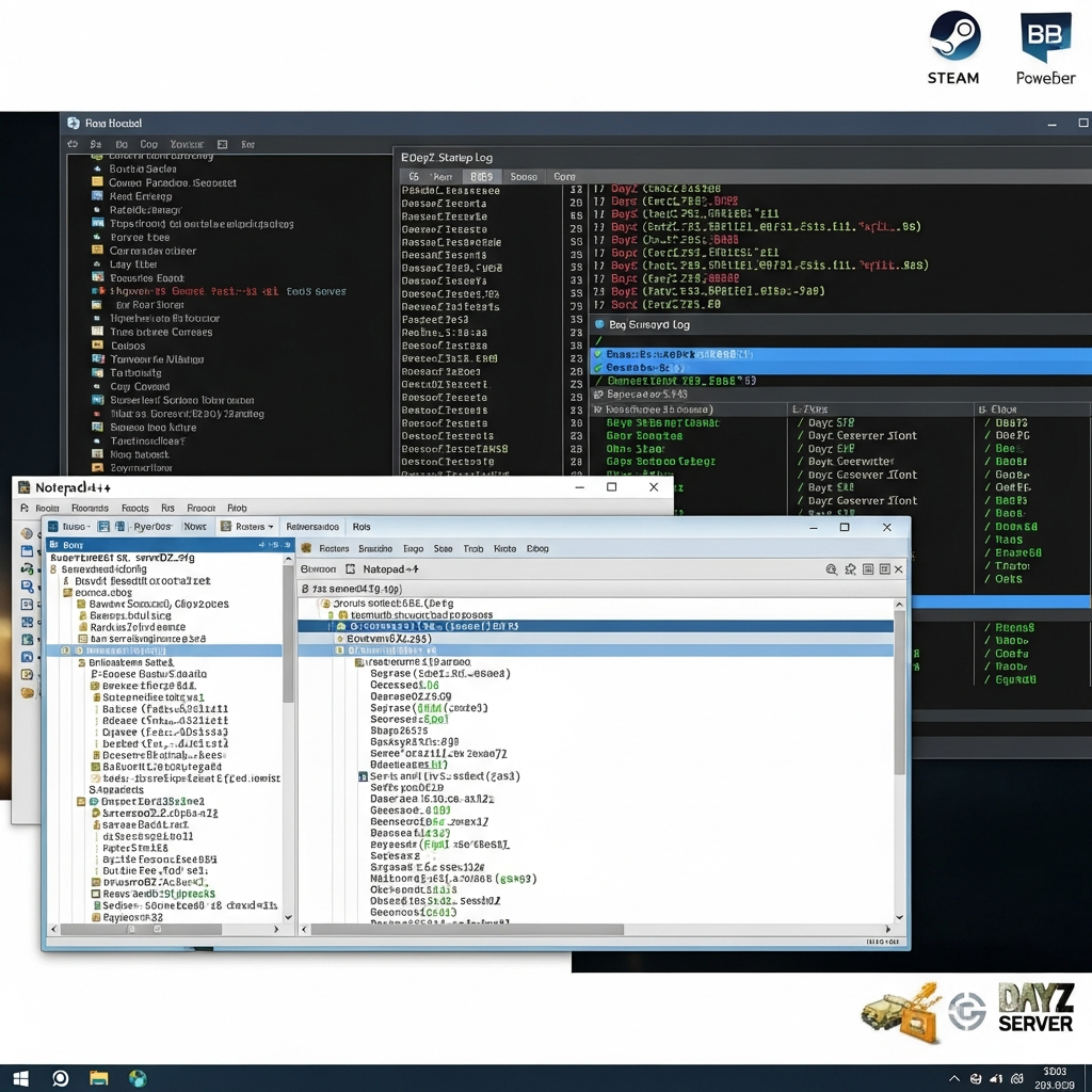 Capture d'écran photoréaliste d'un bureau Windows Server avec l'éditeur Notepad++ ouvert montrant un fichier serverDZ.cfg richement configuré, fenêtre PowerShell en arrière-plan affichant des logs de démarrage DayZ, icône Steam et DayZ Server visibles sur le bureau