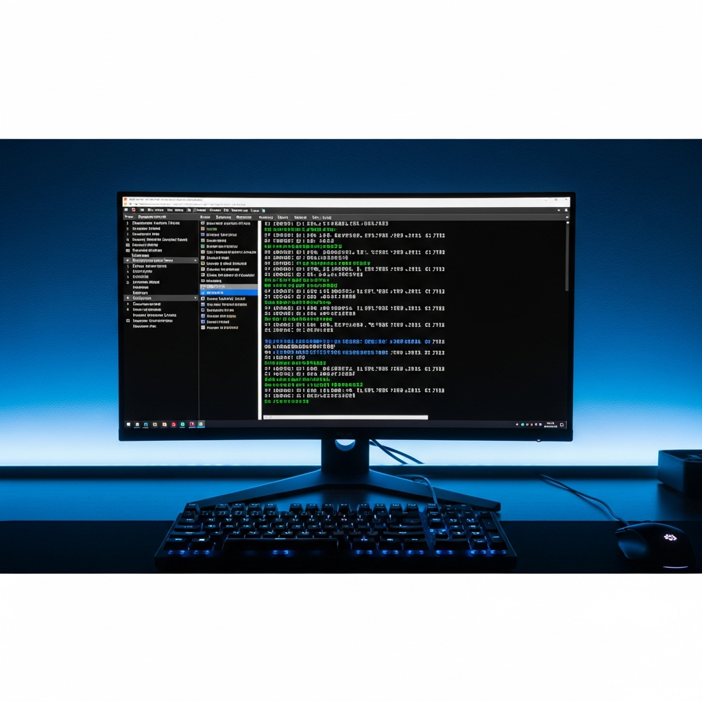 Capture d'écran photoréaliste d'un écran d'ordinateur affichant la console de serveur Minecraft Java avec des logs de démarrage, terminal noir avec texte vert et blanc, clavier gaming RGB visible en arrière-plan, ambiance bureau gamer avec éclairage LED bleu