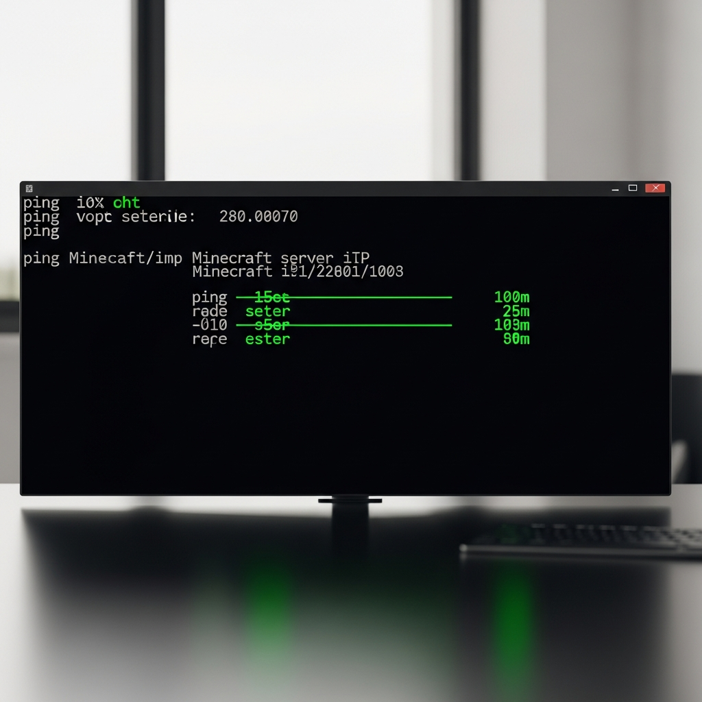 Capture d'écran photoréaliste d'une console de commande Windows affichant un ping vers une adresse IP de serveur Minecraft avec des temps de réponse en millisecondes, fond noir, texte vert phosphorescent, reflets d'écran sur un bureau moderne