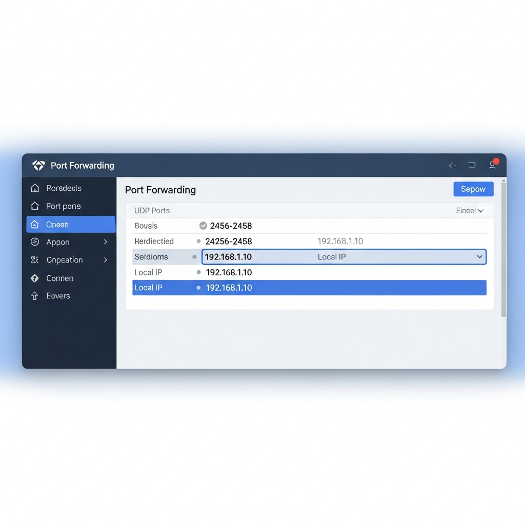 Capture d'écran photoréaliste d'une interface de routeur moderne avec la page de redirection de ports (port forwarding) ouverte, montrant les champs UDP 2456-2458 redirigés vers une IP locale 192.168.1.10, fond d'interface bleu clair avec menu de navigation visible