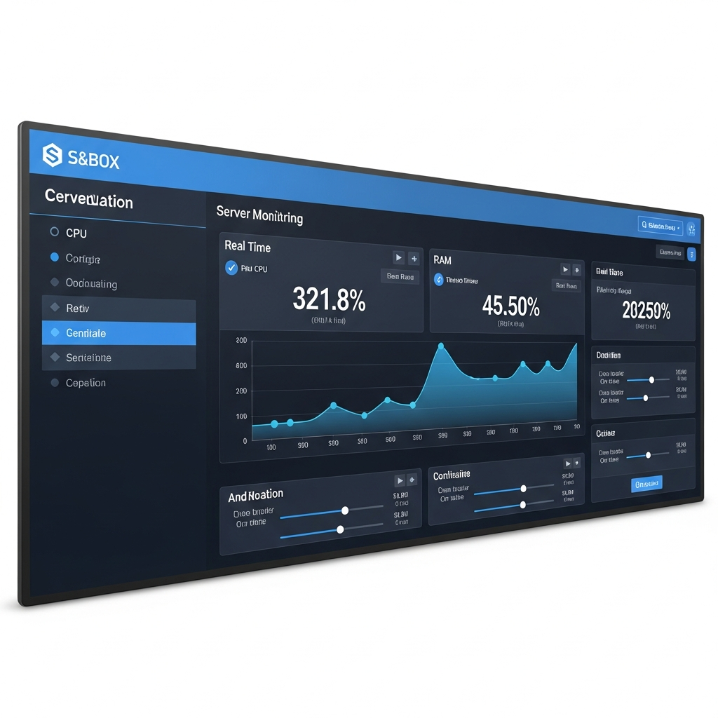 Capture d'écran photoréaliste d'une interface serveur S&Box affichant les paramètres de configuration dans le Panel Nexus Games, avec graphiques de monitoring CPU et RAM en temps réel, sur fond de dashboard moderne en tons bleu et gris