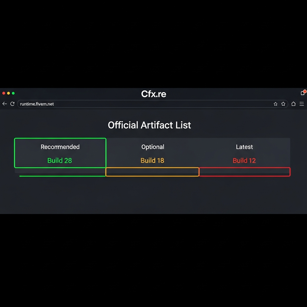 Capture d'écran photoréaliste d'une interface web moderne affichant la liste officielle des artefacts FiveM sur runtime.fivem.net, avec les trois canaux Recommended Optional Latest visibles, numéros de build en surbrillance verte pour Recommended, surlignage orange pour Optional et rouge pour Latest, interface sombre avec logos Cfx.re en haut