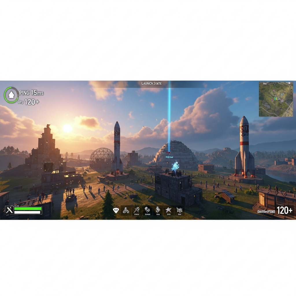 Capture d'écran photoréaliste d'un jeu Rust en cours montrant un serveur peuplé avec joueurs construisant des bases élaborées, paysage de map 4500 avec monuments visibles en arrière-plan, interface HUD affichant ping faible 15ms et FPS élevés 120+, ambiance coucher de soleil avec effets graphiques haute qualité