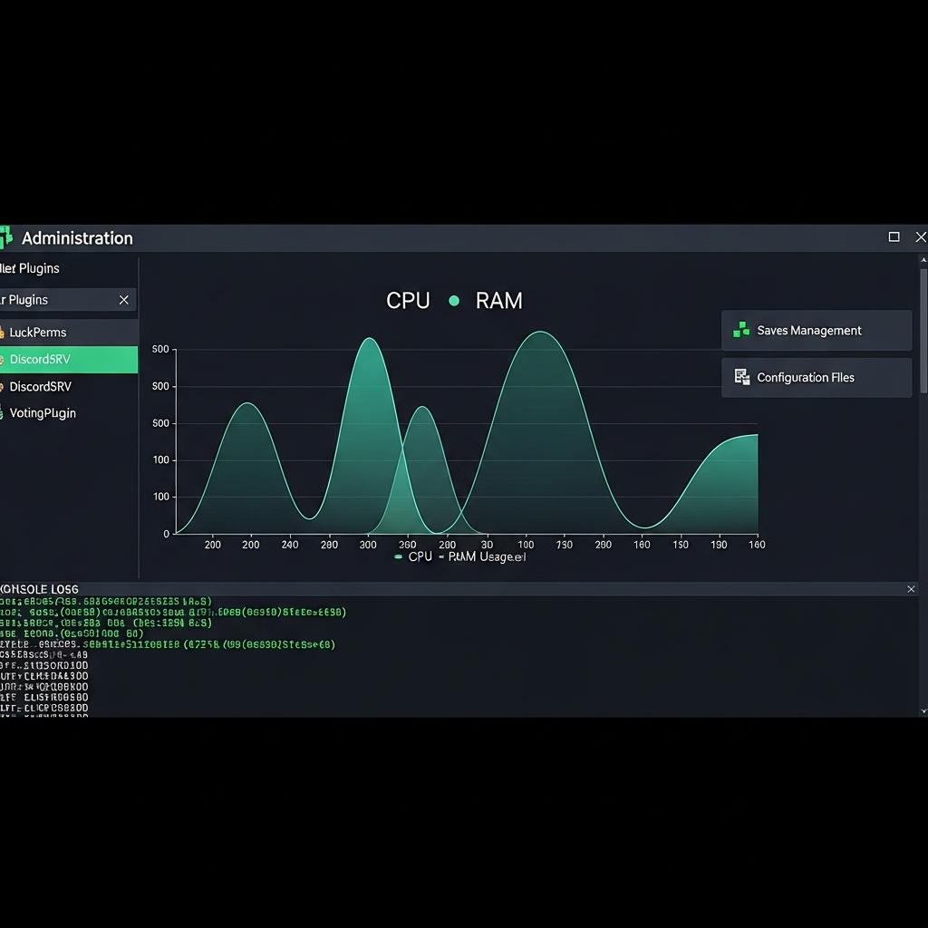 Capture d'écran photoréaliste d'un panel d'administration Minecraft moderne avec interface sombre, graphiques en temps réel de CPU/RAM, liste de plugins installés (LuckPerms, DiscordSRV, VotingPlugin), console de logs défilant en vert sur fond noir, onglets de gestion des sauvegardes et des fichiers de configuration ouverts