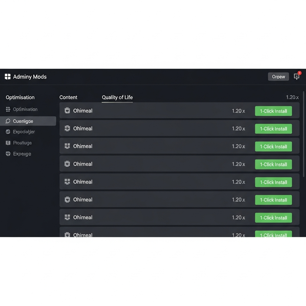 Capture d'écran photoréaliste d'un panel d'administration moderne affichant une liste de mods Minecraft organisés par catégories (Optimisation, Contenu, Qualité de vie), avec des boutons "Installer en 1 clic" en vert et des indicateurs de compatibilité version 1.20.x, sur fond sombre avec interface épurée