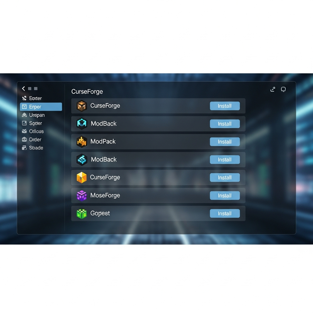 Capture d'écran photoréaliste d'un panneau de contrôle Minecraft moderne affichant une liste de modpacks CurseForge prêts à être installés en un clic, avec des icônes colorées et un design épuré en 2025