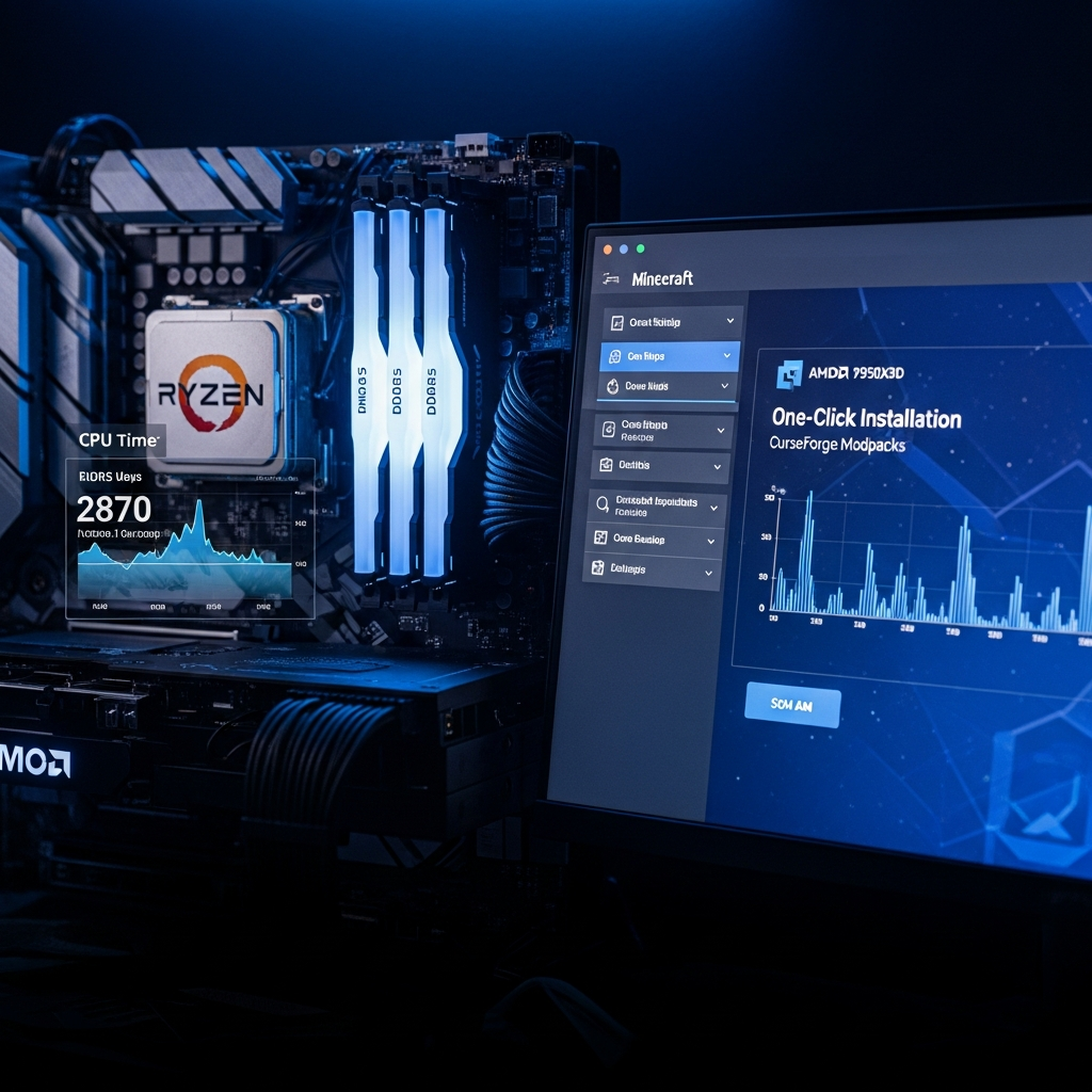 Capture d'écran photoréaliste d'un serveur Minecraft moddé avec interface de panel de gestion moderne affichant l'installation en un clic de modpacks CurseForge, processeur AMD Ryzen 9 7950X3D visible en arrière-plan avec graphiques de performance CPU et RAM DDR5 en temps réel, ambiance technologique professionnelle avec éclairage bleu et violet