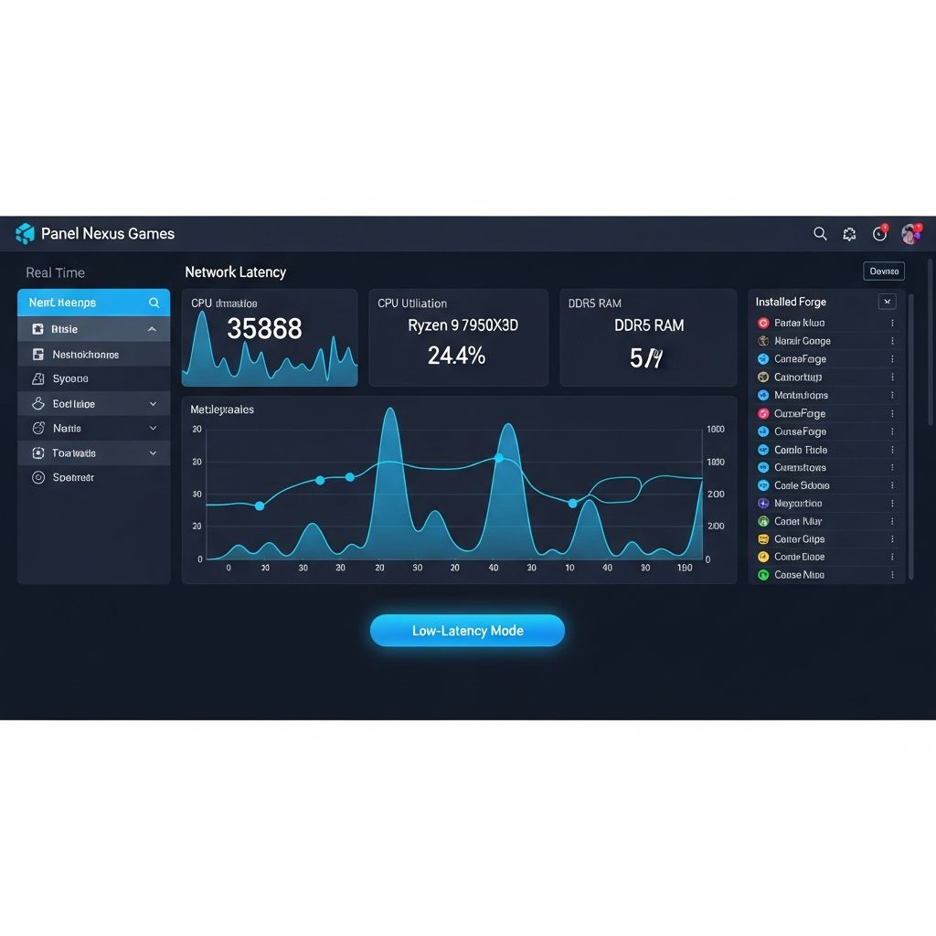 Capture d'écran photoréaliste d'un tableau de bord Panel Nexus Games affichant les statistiques en temps réel d'un serveur Minecraft 2026, avec graphiques de latence réseau, utilisation CPU du Ryzen 9 7950X3D, allocation RAM DDR5, liste des mods CurseForge installés et bouton d'activation du mode Low-Latency, interface moderne aux tons bleu et blanc