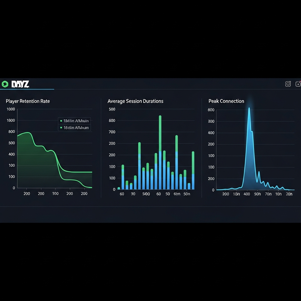 Capture d'écran photoréaliste d'un tableau de bord analytique affichant des graphiques de rétention joueur, sessions moyennes et pics de connexion pour un serveur DayZ, interface moderne aux tons bleus et verts sur fond sombre