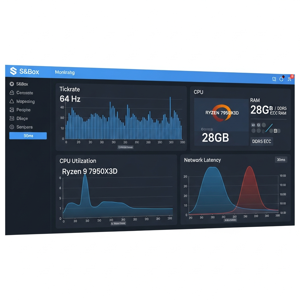Capture d'écran photoréaliste d'un tableau de bord de monitoring serveur S&Box affichant en temps réel les graphiques de tickrate à 64 Hz, l'utilisation CPU du Ryzen 9 7950X3D, la RAM DDR5 ECC à 28 Go sur 32 Go, et les courbes de latence réseau sous 30 ms, avec interface moderne aux tons bleus et gris