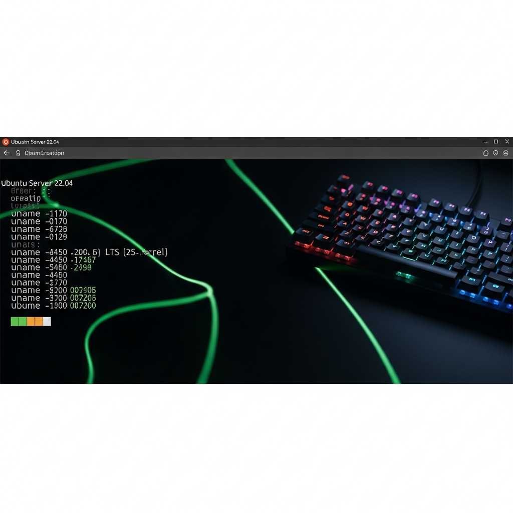 Capture d'écran photoréaliste d'un terminal Linux Ubuntu Server 22.04 affichant la commande uname -a avec les informations du noyau LTS, sur fond sombre moderne avec des lignes de code visibles en vert phosphorescent, clavier mécanique RGB en arrière-plan, ambiance de salle serveur professionnelle
