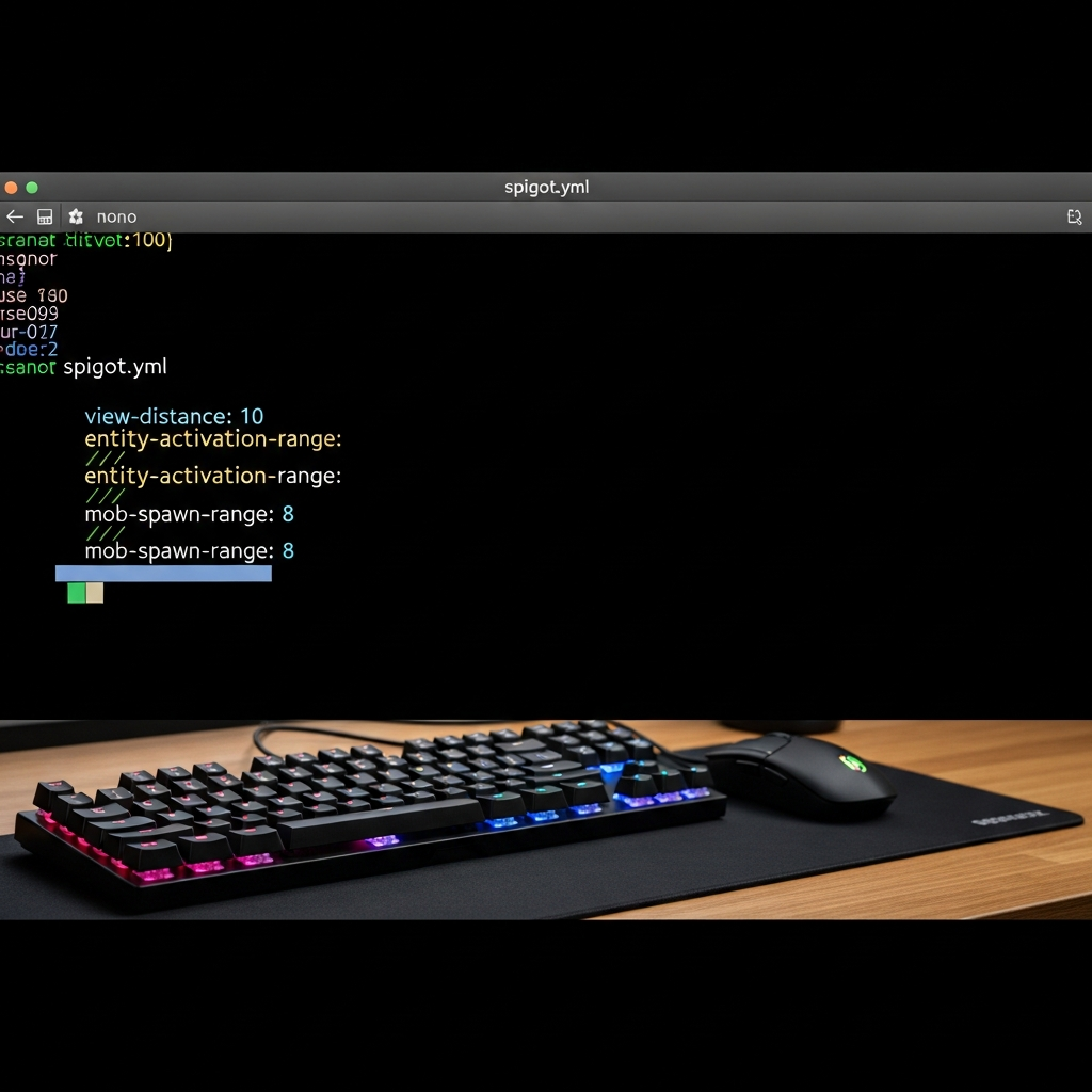 Capture d'écran photoréaliste d'un terminal Linux affichant le fichier spigot.yml ouvert dans un éditeur nano, avec des lignes de configuration colorées (view-distance, entity-activation-range, mob-spawn-range) sur fond noir, clavier mécanique RGB et souris gaming visibles sur un bureau en bois moderne
