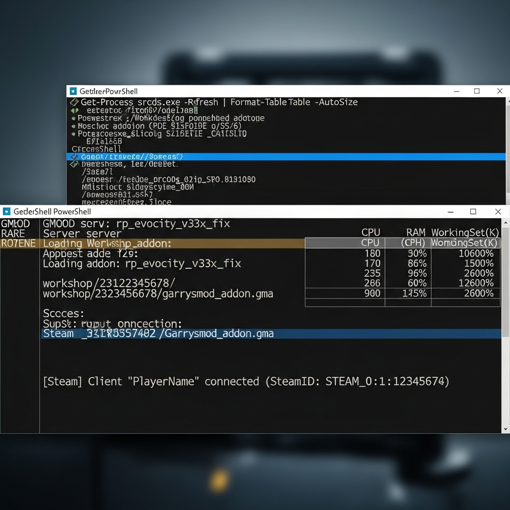 Capture photoréaliste de la console du serveur GMOD sous Windows, affichant les lignes de chargement des addons Workshop, les messages de connexion Steam réussie, et un terminal PowerShell en arrière-plan montrant les processus srcds.exe avec utilisation CPU et RAM en temps réel