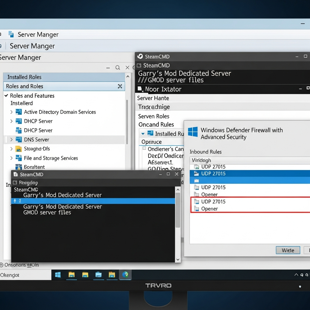 Capture photoréaliste d'un écran d'administration Windows Server montrant le Gestionnaire de serveur avec les rôles installés, l'écran de configuration du pare-feu Windows avec les règles UDP 27015 visibles, et SteamCMD en train de valider les fichiers du serveur GMOD