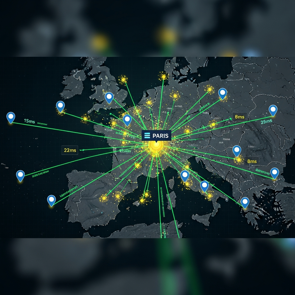Carte d'Europe interactive montrant routes réseau entre joueurs français et datacenter parisien, lignes lumineuses vertes avec indicateurs de latence milliseconde, pins géolocalisés et nœuds réseau interconnectés, fond foncé technologique