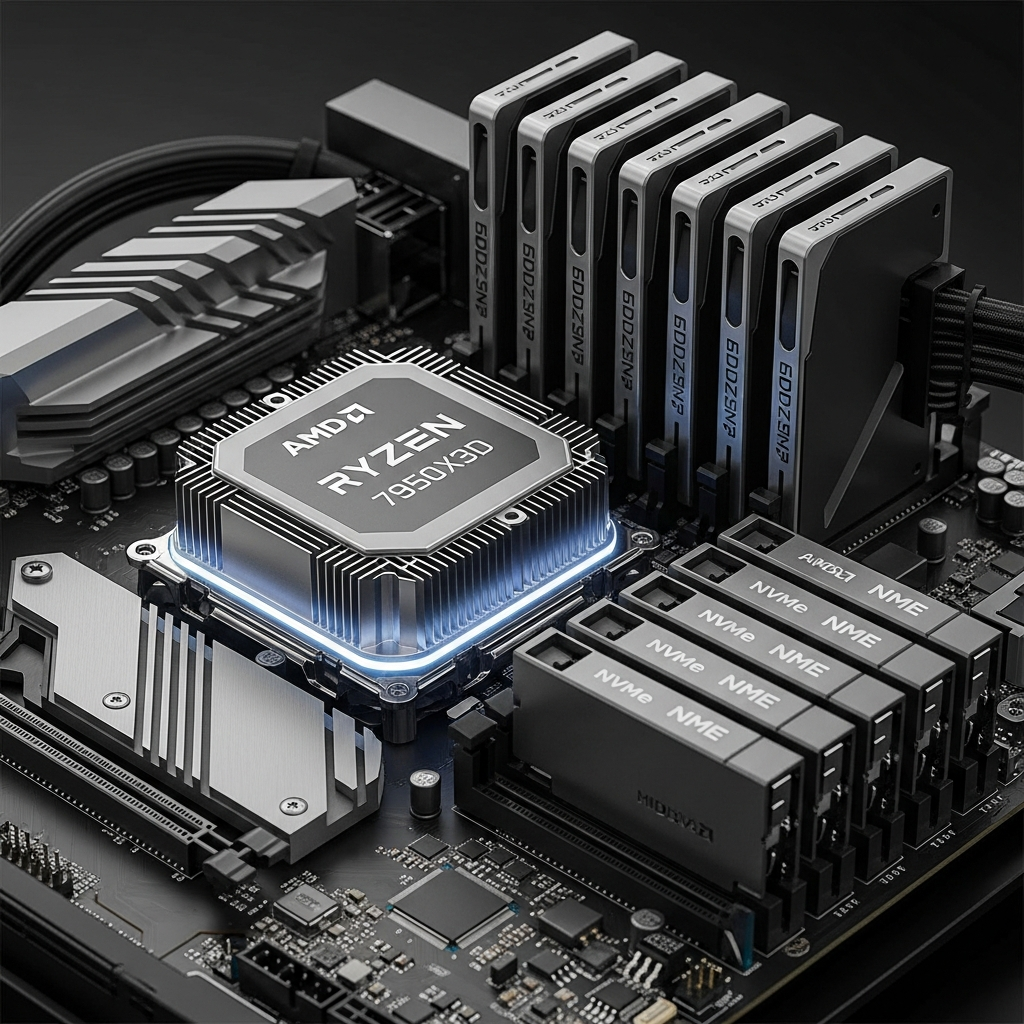 Close-up photorealistic render of an AMD Ryzen 9 7950X3D processor on a modern motherboard, with visible heatsink fins and RGB lighting, surrounded by DDR5 RAM modules and NVMe SSD drives, emphasizing high-performance server hardware components
