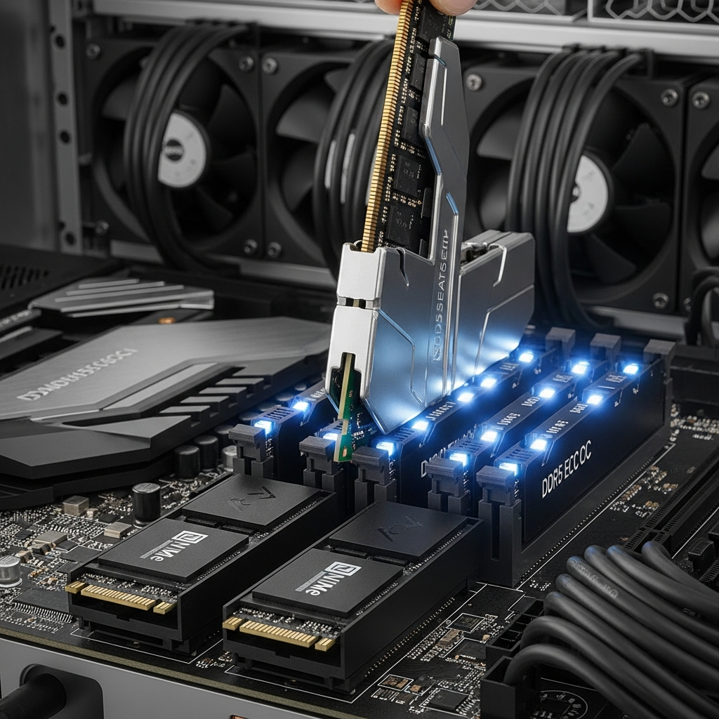 Close-up photorealistic view of a DDR5 ECC RAM module being installed into a server motherboard, with glowing LEDs indicating active memory channels, while NVMe SSD drives are visible in M.2 slots below, set in a clean server chassis with cable management and cooling fans