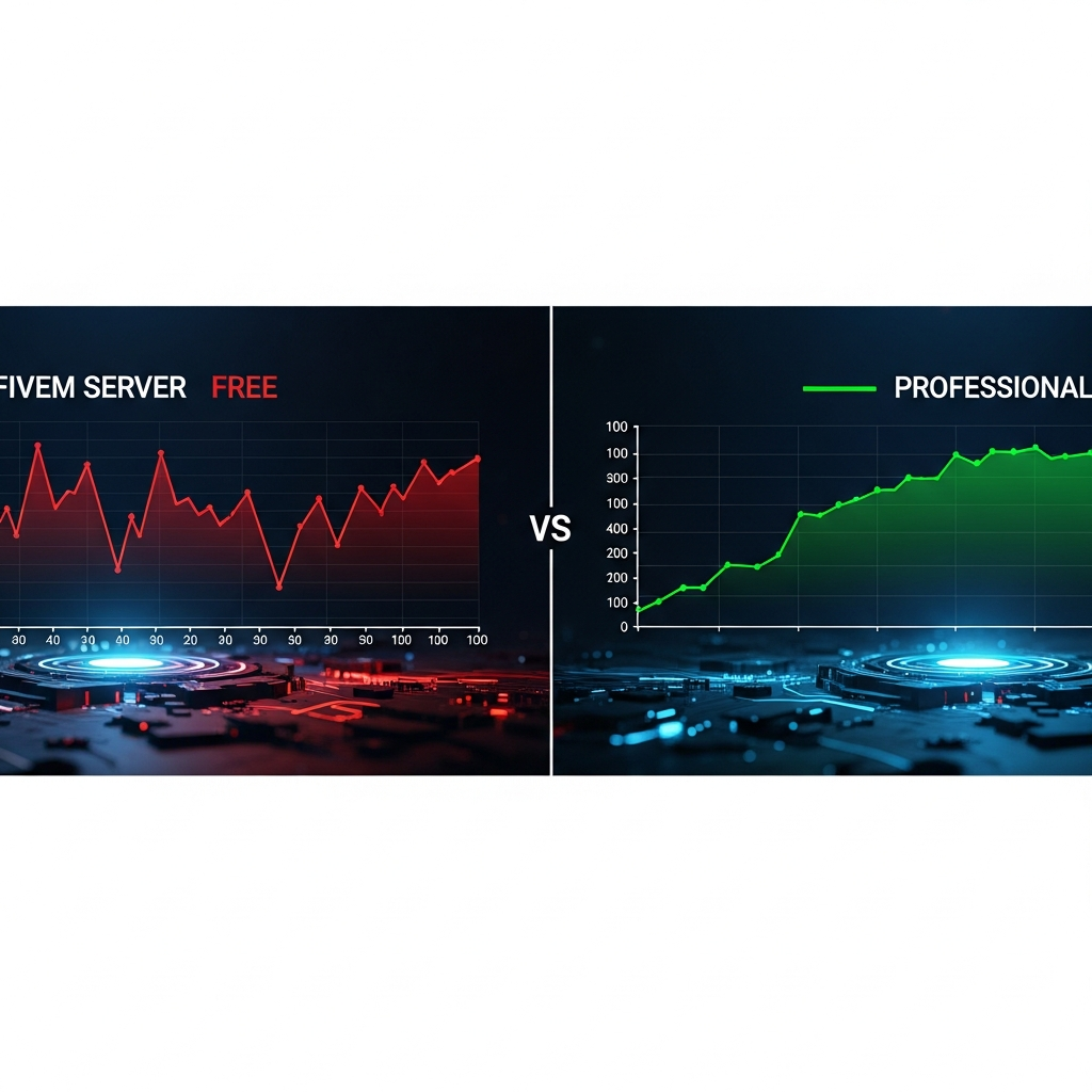 Comparativa visual lado a lado de gráficos de rendimiento, mostrando servidor FiveM gratuito con caídas de tick rate versus servidor profesional con líneas estables, estilo infografía técnica fotorrealista con colores verde y rojo