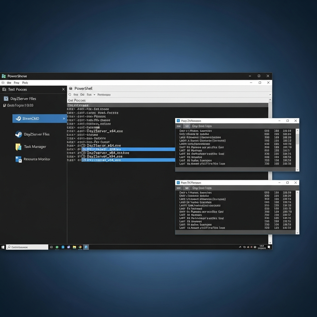 Consola de PowerShell en Windows Server mostrando el proceso DayZServer_x64.exe corriendo con parámetros de inicio, ventanas de logs de DayZ actualizándose en tiempo real con líneas de texto sobre jugadores conectándose, spawn de vehículos y eventos de loot, escritorio limpio con iconos de SteamCMD, carpetas de DayZServer y herramientas de monitoreo de recursos, entorno fotorrealista profesional de administración de servidor