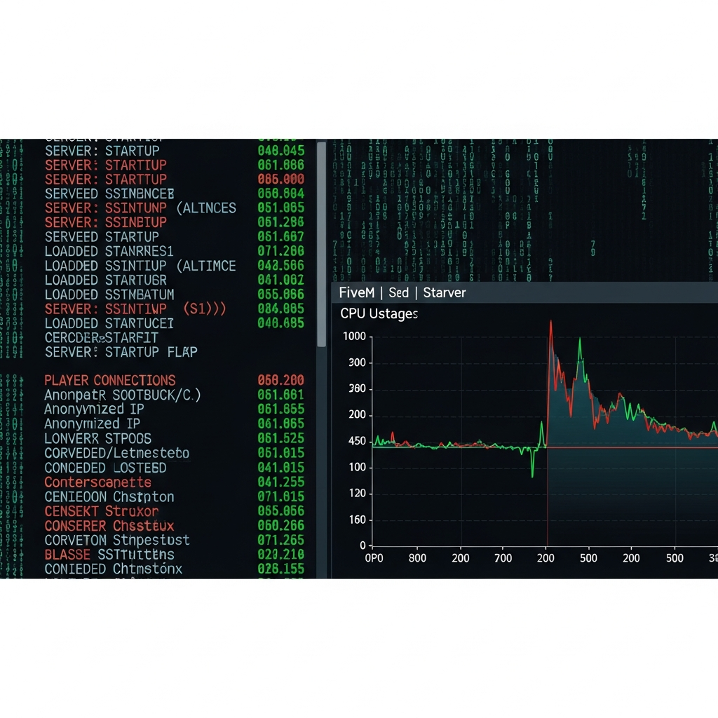 Console serveur FiveM affichant lignes de logs de démarrage colorées, ressources chargées avec timestamps verts, connexions joueurs avec adresses IP anonymisées, graphique CPU en overlay, terminal professionnel fond noir avec texte multicolore style matrix