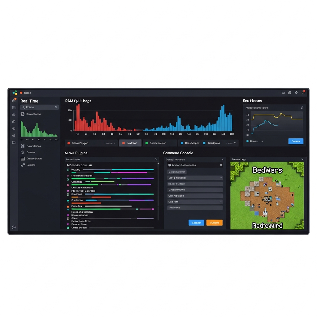 Dashboard d'administration serveur Minecraft moderne avec graphiques de consommation RAM/CPU en temps réel, liste des plugins actifs, logs colorés, console de commandes, prévisualisation de carte BedWars, interface utilisateur sombre épurée, rendu UI/UX professionnel photoréaliste
