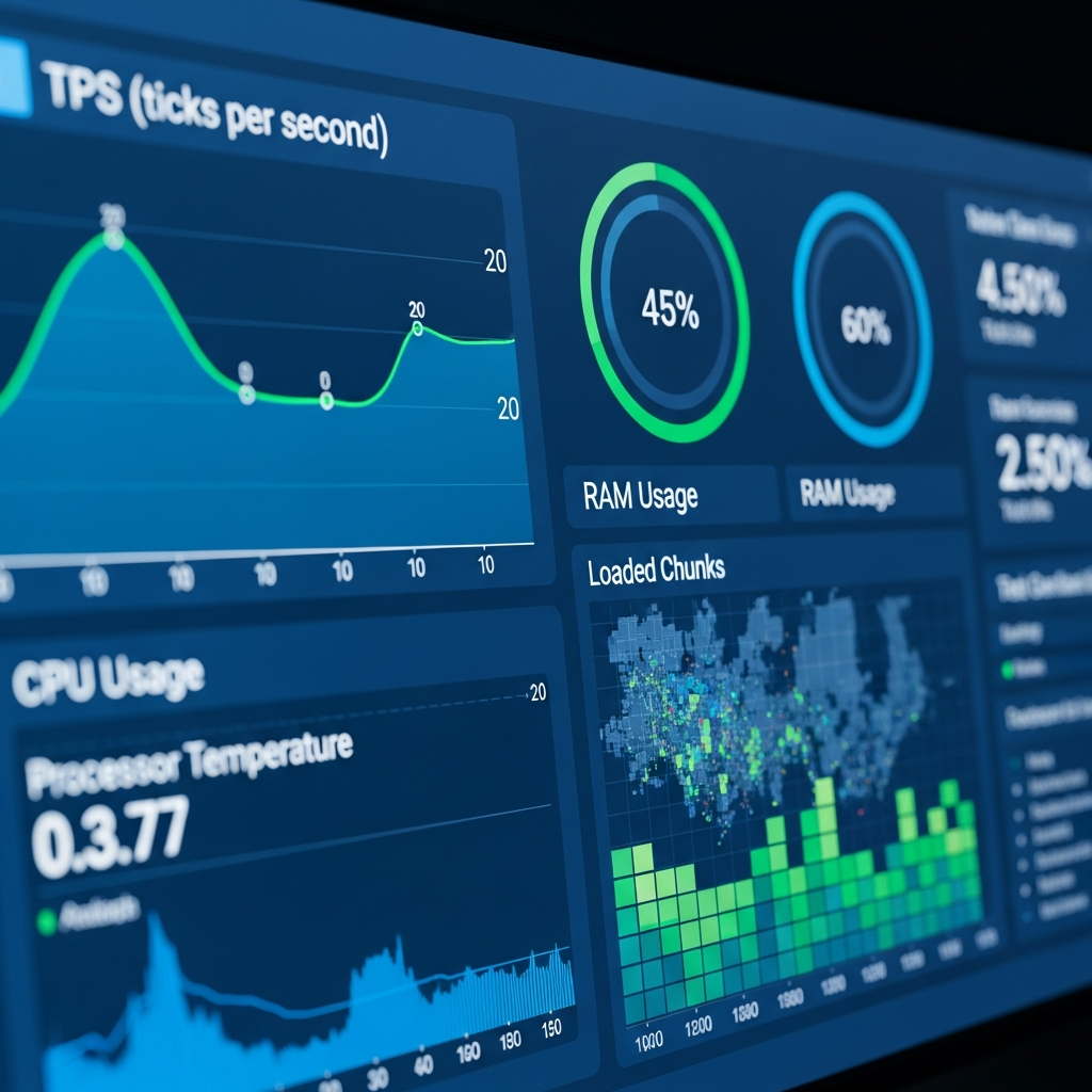 Dashboard de monitorización en tiempo real mostrando gráficas de TPS (ticks por segundo) estables en 20, uso de CPU al 45%, RAM al 60%, temperatura del procesador y mapa de chunks más cargados, estilo profesional con colores azules y verdes