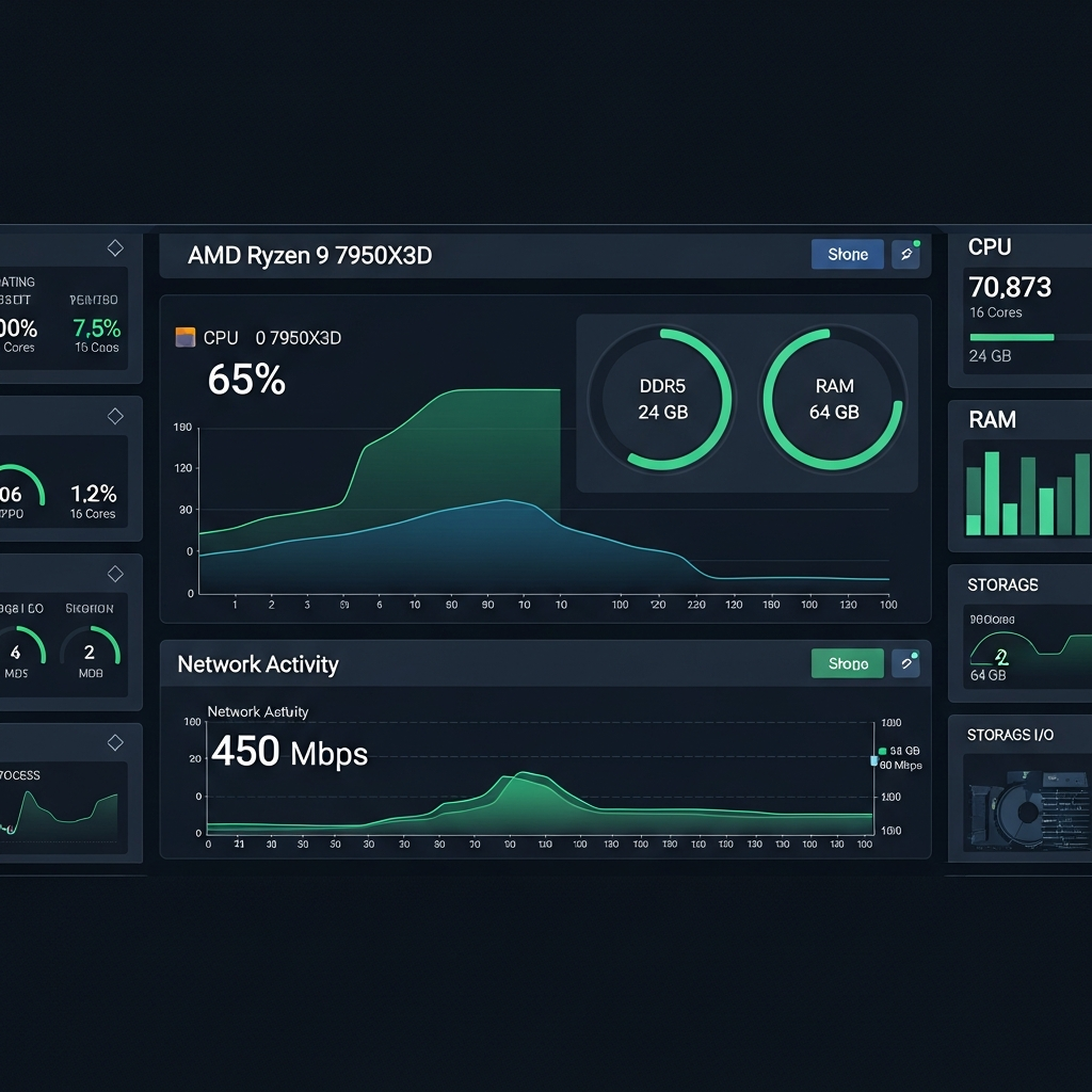 Dashboard fotorrealista de monitorización de servidor mostrando gráficos de uso de CPU AMD Ryzen 9 7950X3D con 16 núcleos al 65%, medidores de RAM DDR5 utilizando 24 GB de 64 GB, gráfico de red con tráfico a 450 Mbps, interfaz moderna oscura con tonos azules y verdes, múltiples widgets de métricas en tiempo real
