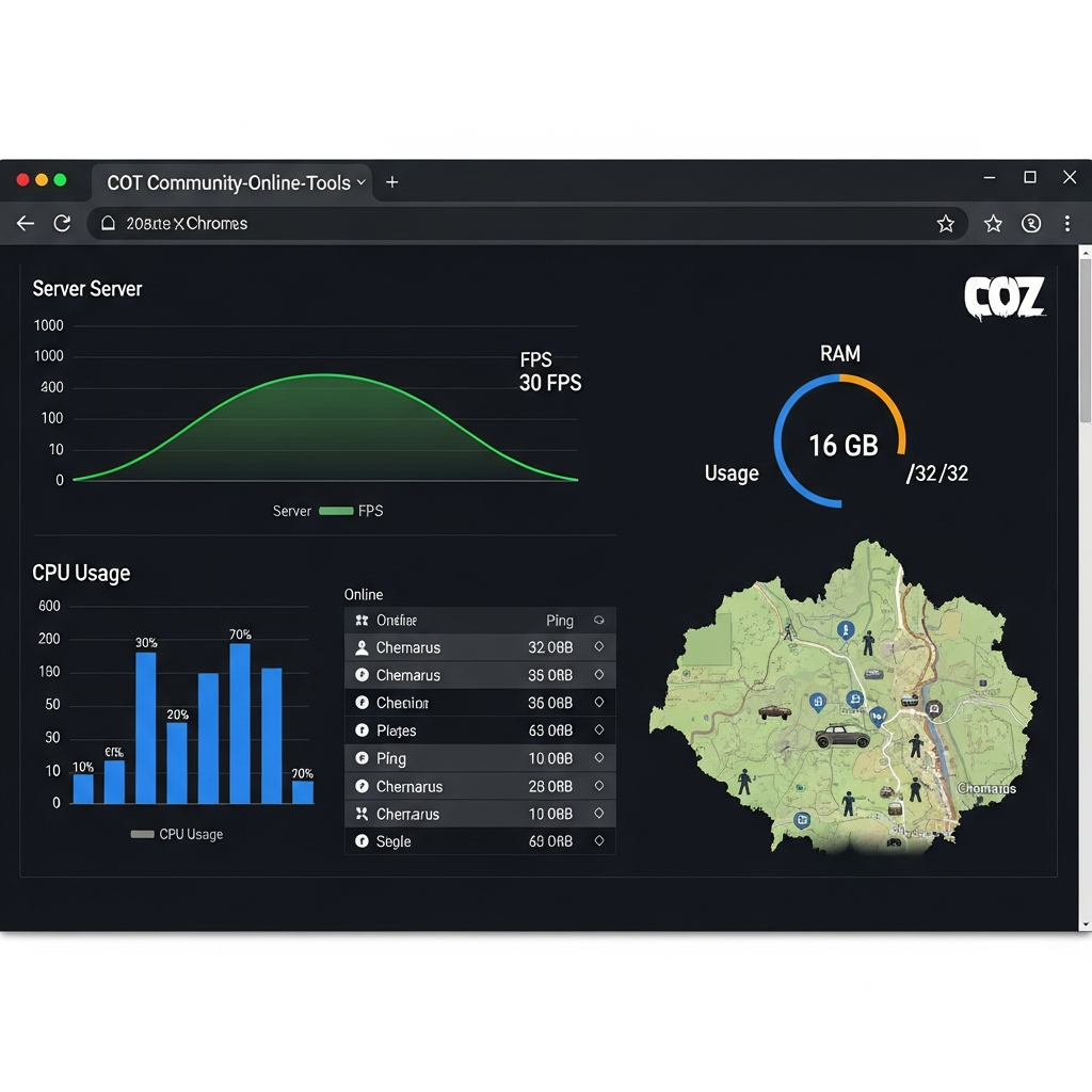 Dashboard web de Community-Online-Tools (COT) en un navegador Chrome mostrando métricas en tiempo real del servidor DayZ: gráficos de server FPS (línea verde estable a 30 FPS), uso de CPU (barras azules al 70 %), RAM utilizada (16 GB de 32 GB), lista de jugadores online con ping y ubicación en mapa de Chernarus, mapa 2D con iconos de jugadores y vehículos, fondo oscuro estilo dashboard profesional, fotorrealista
