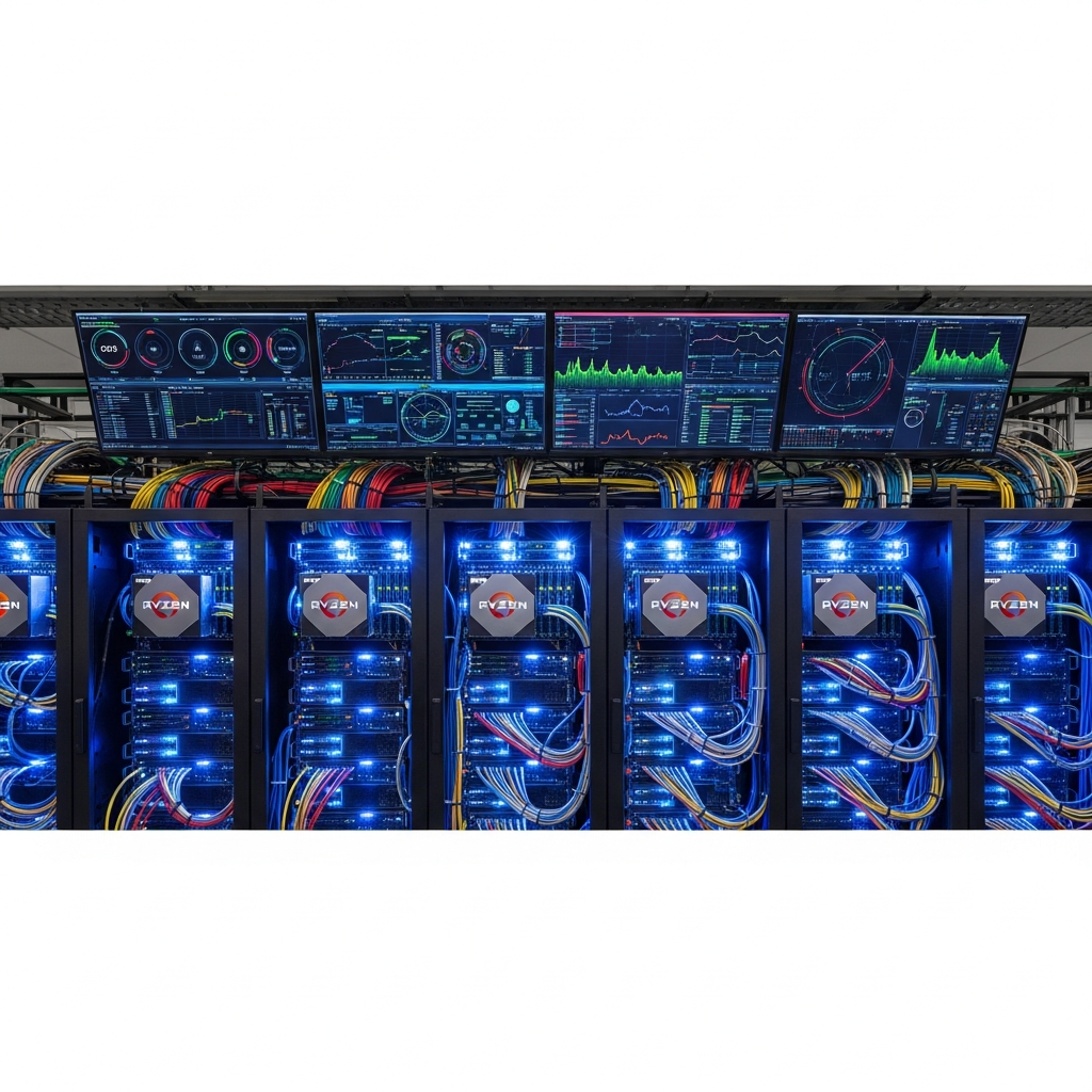 Datacenter moderno con racks de servidores iluminados en azul, mostrando hardware AMD Ryzen de última generación, cables de red organizados y pantallas monitoreando métricas de rendimiento en tiempo real
