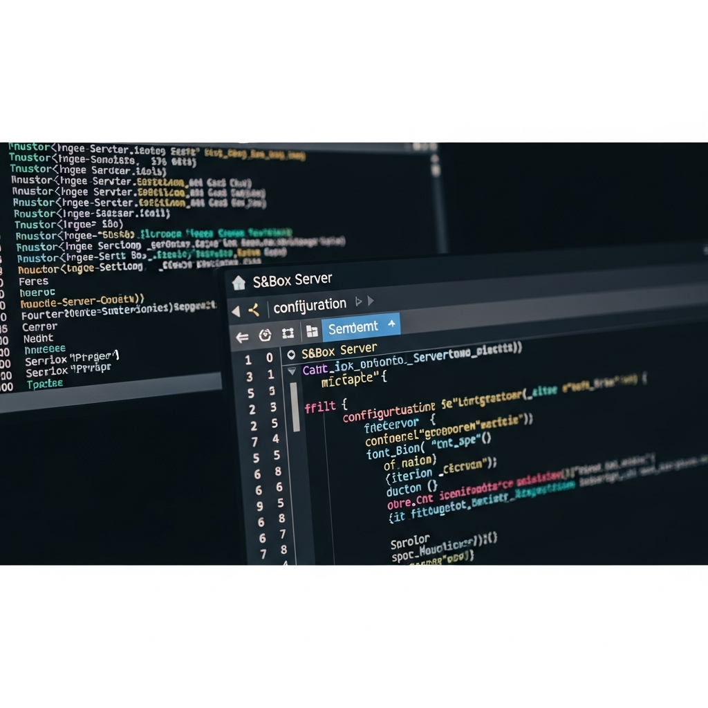 Detailansicht eines Bildschirms mit einer geöffneten Konfigurationsdatei für einen S&Box-Server, Code-Editor mit Syntax-Highlighting, im Hintergrund ein dunkles Terminal-Fenster mit laufenden Server-Logs
