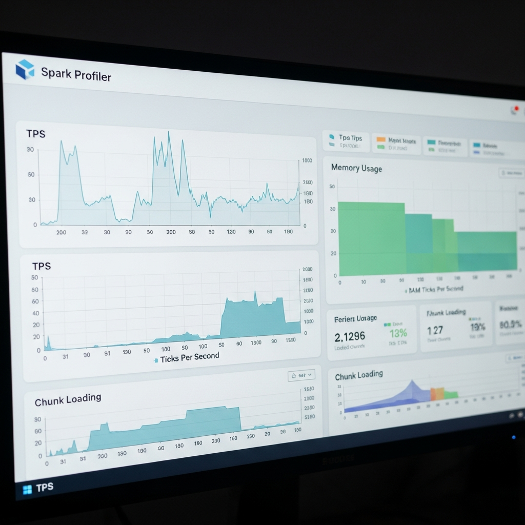 Detailansicht eines Performance-Monitoring-Tools (z. B. Spark Profiler) auf einem Bildschirm, das TPS-Graphen, Speicherauslastung und Chunk-Loading-Statistiken eines Minecraft-Servers in Echtzeit anzeigt