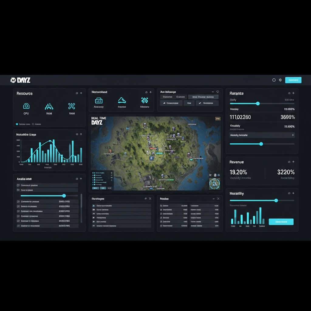 Detailed DayZ server control panel dashboard showing real-time player map, resource usage graphs, mod management interface, and revenue tracking widgets, modern dark-themed UI design