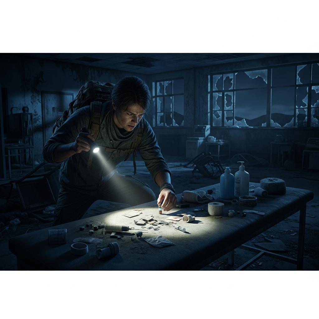 Detailed photorealistic scene of a DayZ character crouched inside a dark abandoned medical clinic at night, examining medical supplies on a cluttered table illuminated by a single flashlight, with broken windows and ominous shadows in the background, capturing the tension of hardcore survival mods