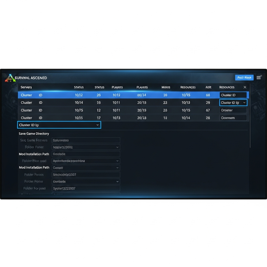 Detailed photorealistic screenshot of a game server control panel showing ARK Ascended cluster configuration settings, with multiple server instances listed, cluster ID fields highlighted, and folder path parameters visible on a modern dark-themed interface with blue accent colors