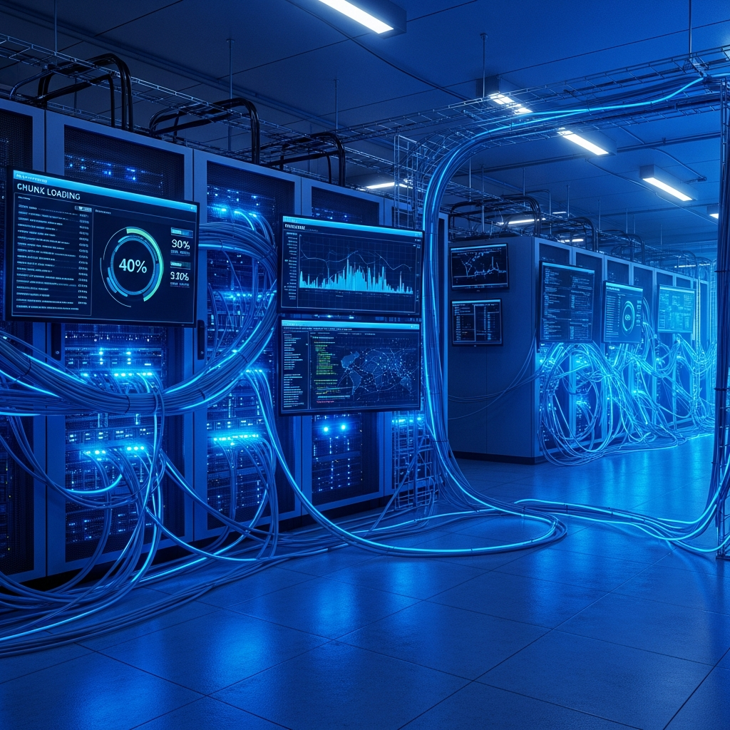 Detaillierte fotorealistische Szene eines Minecraft-Server-Raums mit leuchtenden Netzwerkkabeln, Serverracks mit blau leuchtenden LEDs, Bildschirme zeigen Chunk-Loading-Statistiken und Performance-Graphen, moderne technische Atmosphäre