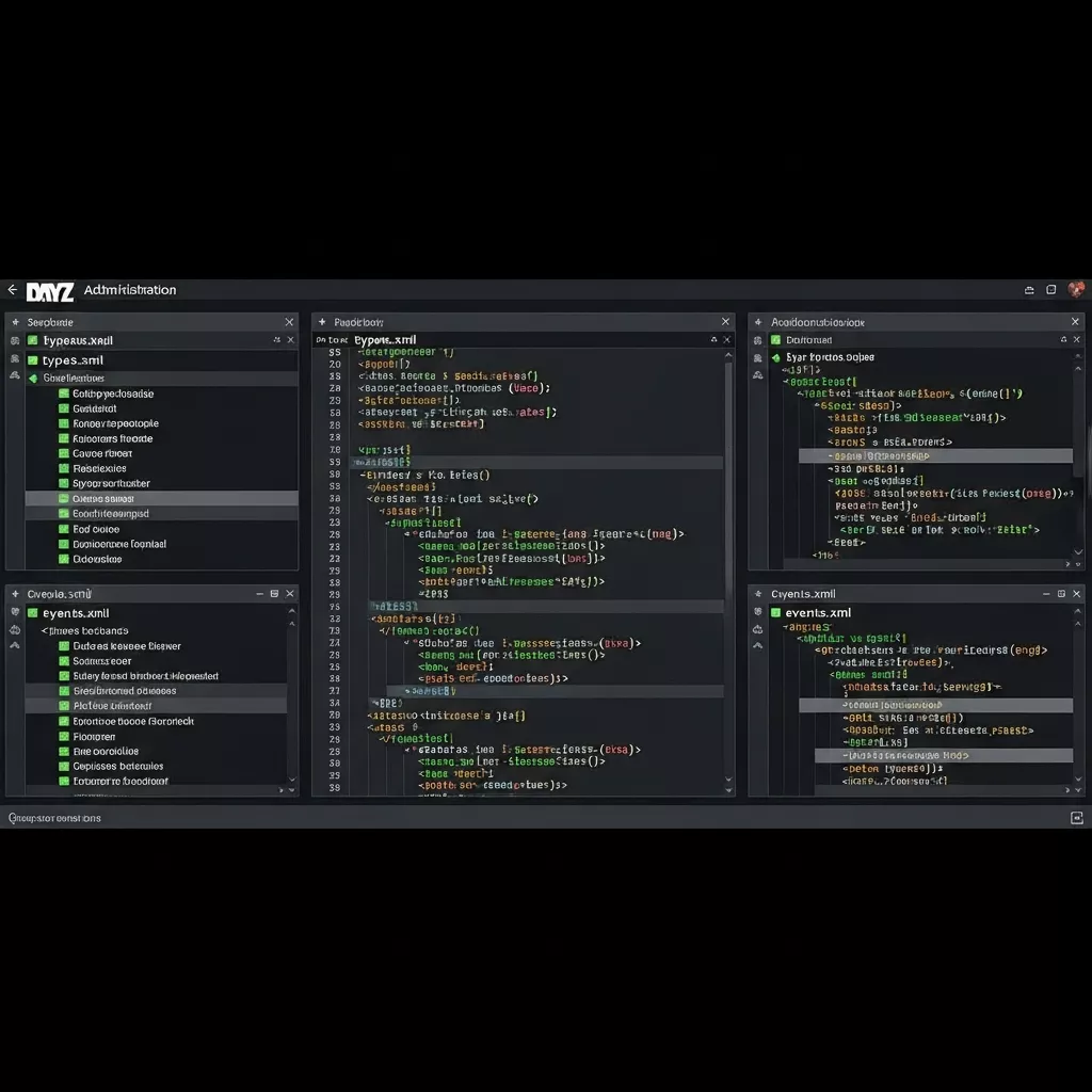Detaillierter Bildschirmausschnitt eines modernen Server-Panels mit geöffneten XML-Konfigurationsdateien für DayZ, Syntax-Highlighting in grünen und weißen Farbtönen, sichtbare Codezeilen mit types.xml und events.xml, dunkler UI-Hintergrund, professionelle Administrationsumgebung