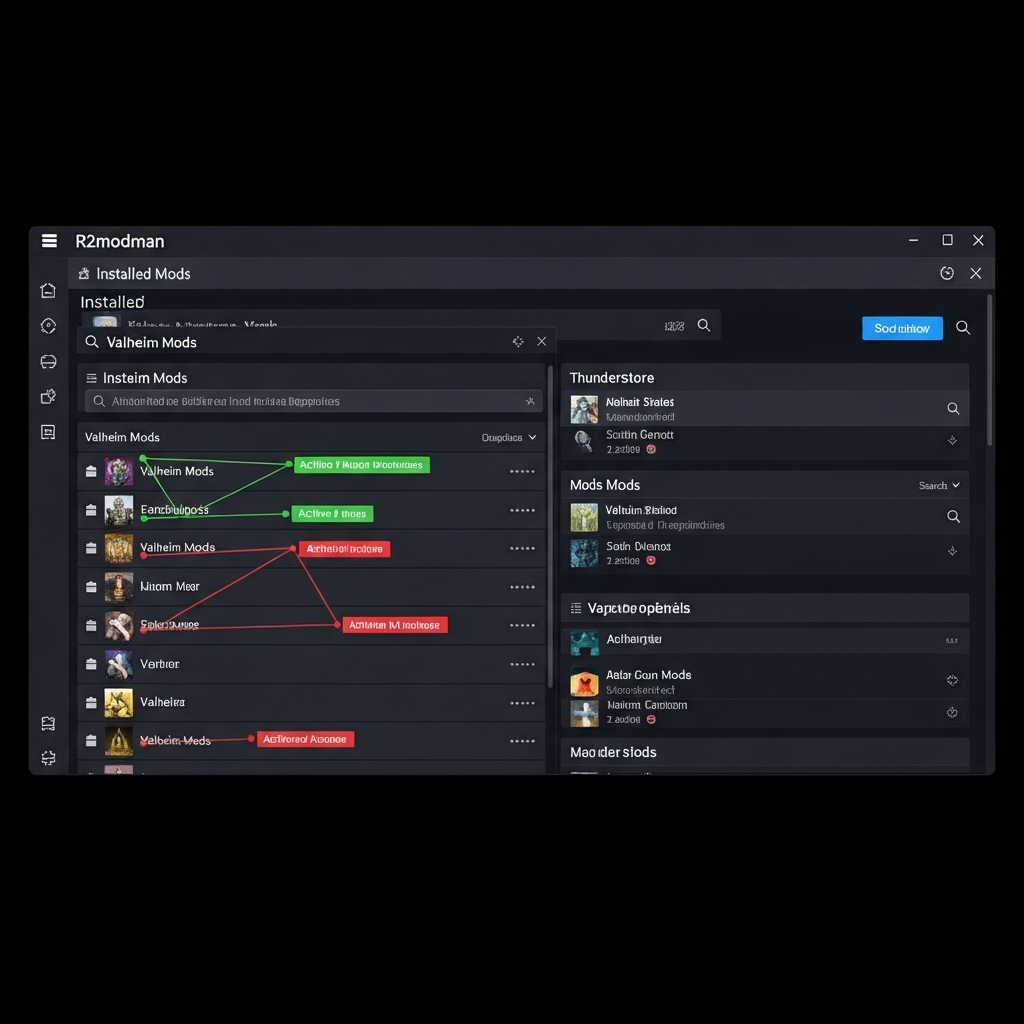 Detaillierter Screenshot der r2modman Benutzeroberfläche mit einer Liste installierter Valheim-Mods, farbcodierten Status-Indikatoren, Mod-Abhängigkeiten und dem Thunderstore-Browser im Hintergrund auf einem modernen dunklen UI-Theme