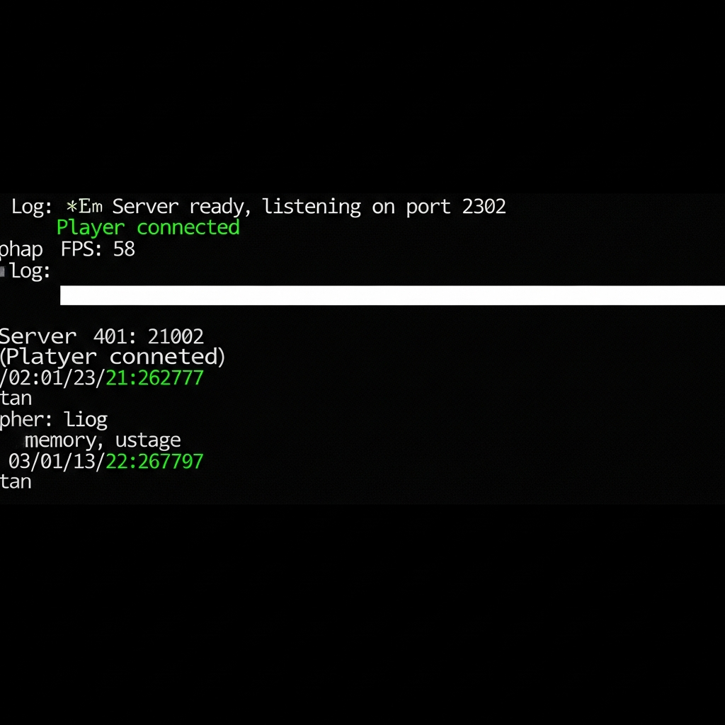 Detaillierter Screenshot einer DayZ-Server-Konsole unter Windows Server, schwarzer Hintergrund mit grünem Text, Log-Einträge zeigen "Server ready, listening on port 2302", "Player connected", "FPS: 58", timestamp-Angaben und Memory-Usage-Werte, realistischer Command-Line-Style