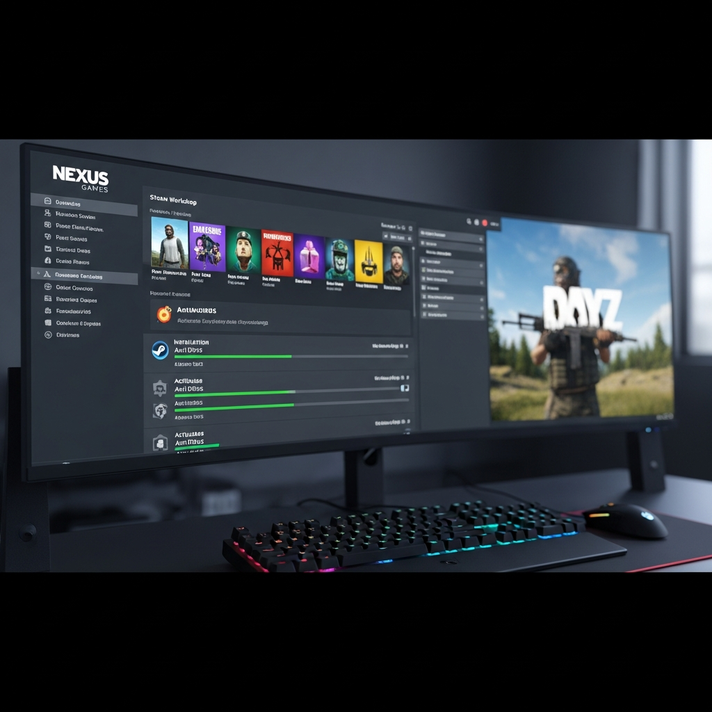 Detaillierter Screenshot eines modernen DayZ-Server-Control-Panels auf einem 4K-Monitor, im Vordergrund sichtbar das Nexus Games Interface mit Steam Workshop-Modliste, bunten Mod-Icons, Installationsfortschrittsbalken und aktivierten Anti-DDoS-Optionen, im Hintergrund ein leicht unscharfer Desktop mit geöffnetem DayZ-Spiel, realistische Büroumgebung mit RGB-Tastatur und Mauspad