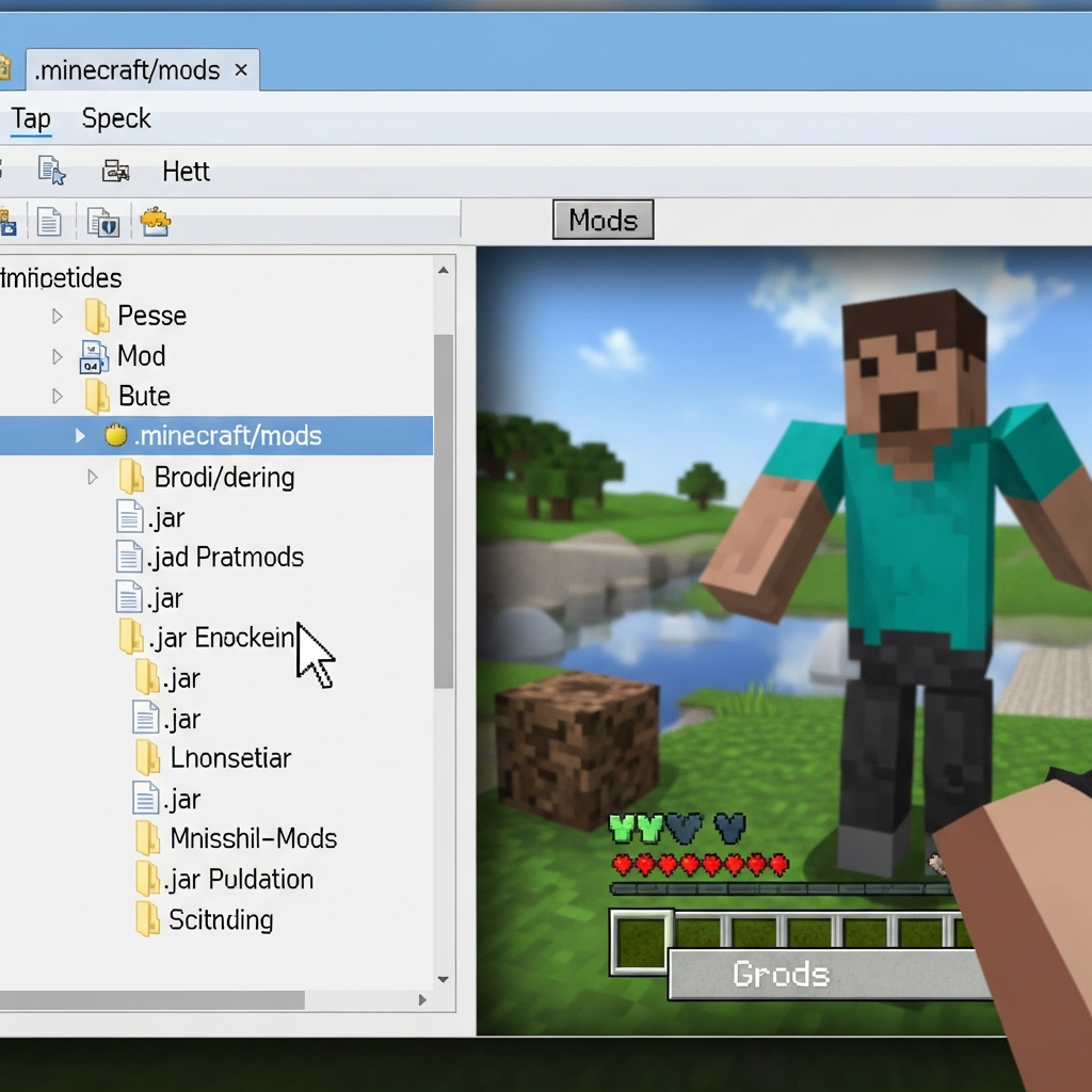 Detaillierter fotorealistischer Blick auf einen Computerbildschirm, der den Windows-Explorer mit geöffnetem .minecraft/mods-Ordner zeigt, mehrere .jar-Dateien mit Mod-Namen sind sichtbar, Cursor zeigt auf eine Datei, im Hintergrund läuft Minecraft im Hauptmenü mit sichtbarem „Mods"-Button