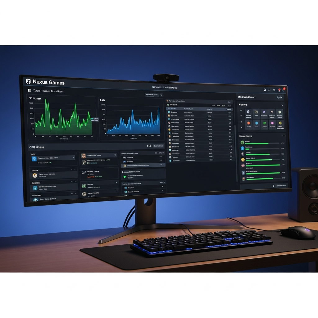 Detailliertes Dashboard des Nexus Games Control Panels auf einem modernen Monitor, FiveM-Server-Verwaltung mit CPU-Auslastungsdiagrammen, RAM-Nutzung, Spielerliste, Mod-Installation, dunkles UI-Design mit grünen und blauen Akzenten, fotorealistisch, Schreibtisch-Setting mit Tastatur und Maus
