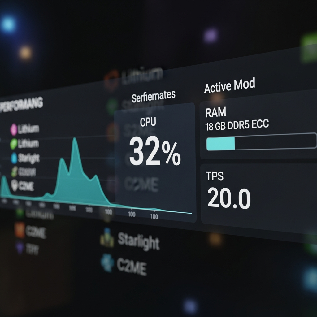 Ein detaillierter Screenshot eines Minecraft-Server-Dashboards mit installiertem Performance-Monitoring, zeigt CPU-Auslastung bei 32 %, RAM-Nutzung von 18 GB DDR5 ECC, TPS-Anzeige konstant bei 20.0 und eine Liste von aktiven Mods wie Lithium, Starlight und C2ME im Hintergrund, fotorealistisch in dunklem UI-Design