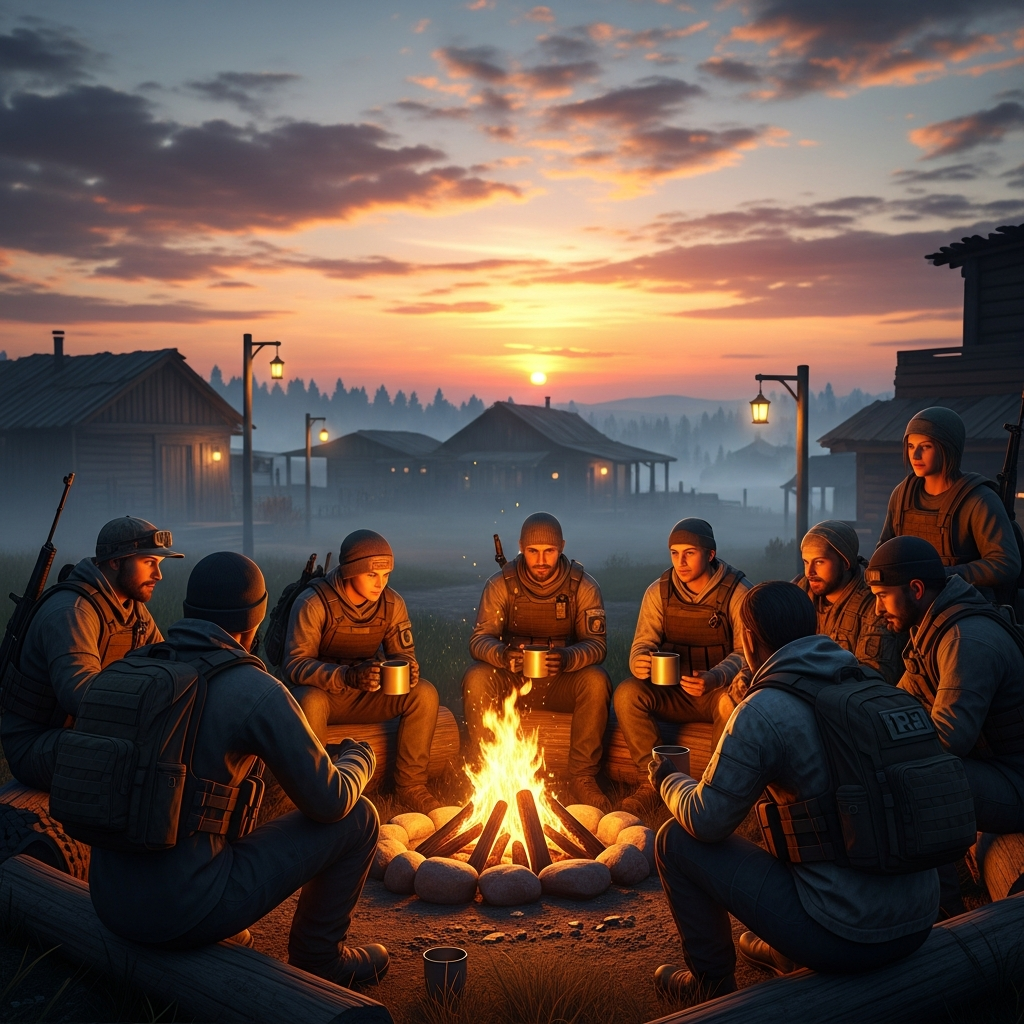Eine atmosphärische DayZ-Szene bei Sonnenuntergang, wo RP-Spieler um ein Lagerfeuer sitzen, im Hintergrund eine kleine RP-Stadt mit Holzhütten und Straßenlaternen, leichter Nebel über der Landschaft