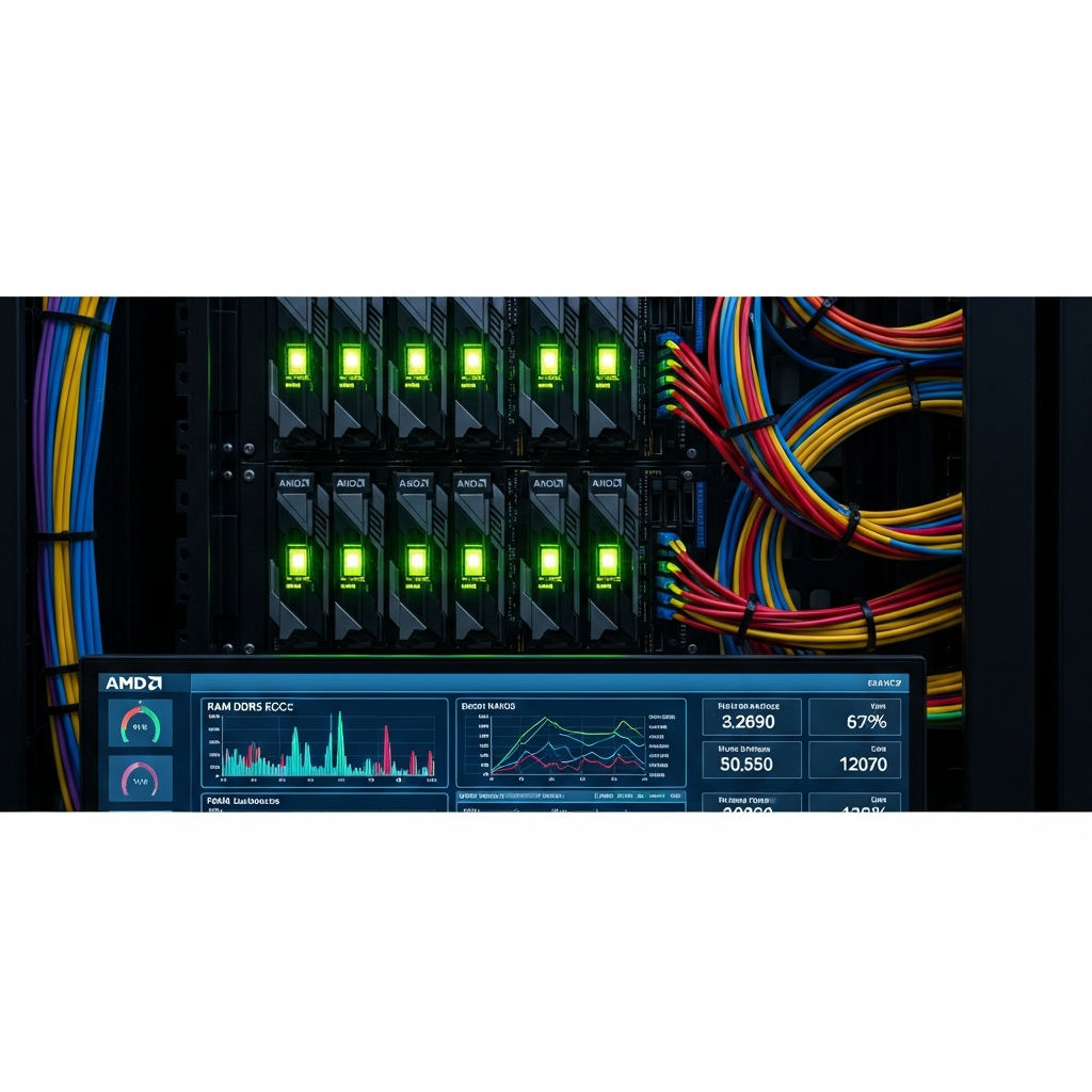 Eine fotorealistische Detailaufnahme eines Rechenzentrum-Racks mit AMD-Prozessoren, erkennbar durch leuchtende LED-Statusanzeigen und Netzwerkkabel in strukturierter Verkabelung, im Vordergrund ein Monitor mit Performance-Metriken für RAM DDR5 ECC und NVMe-Latenzen